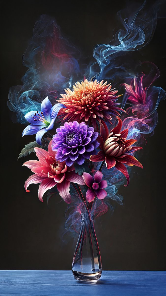 canvas schilderij - boeket van levendige bloemen - 50x90 cm - 2 cm dik - bloem - kleurrijk - vaas - dahlia's - lelies - modern - rook - flower - design - art - woonkamer - color - slaapkamer - kantoor - gang -
