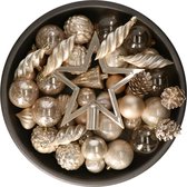 Decoris kerstballen, ornamenten en piek set - 60-delig - champagne - kunststof - kerstversiering