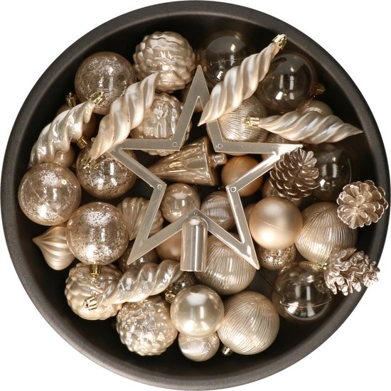Foto: Decoris kerstballen ornamenten en piek set 60 delig champagne kunststof kerstversiering