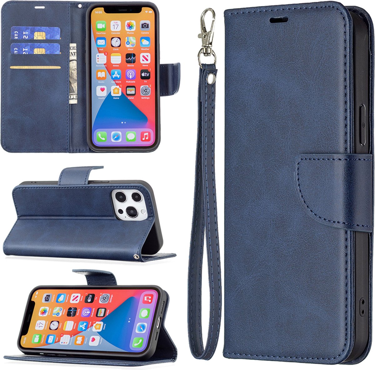 MobyDefend Hoesje - Geschikt voor iPhone 13 Pro - Wallet Book Case Met Koord - Blauw