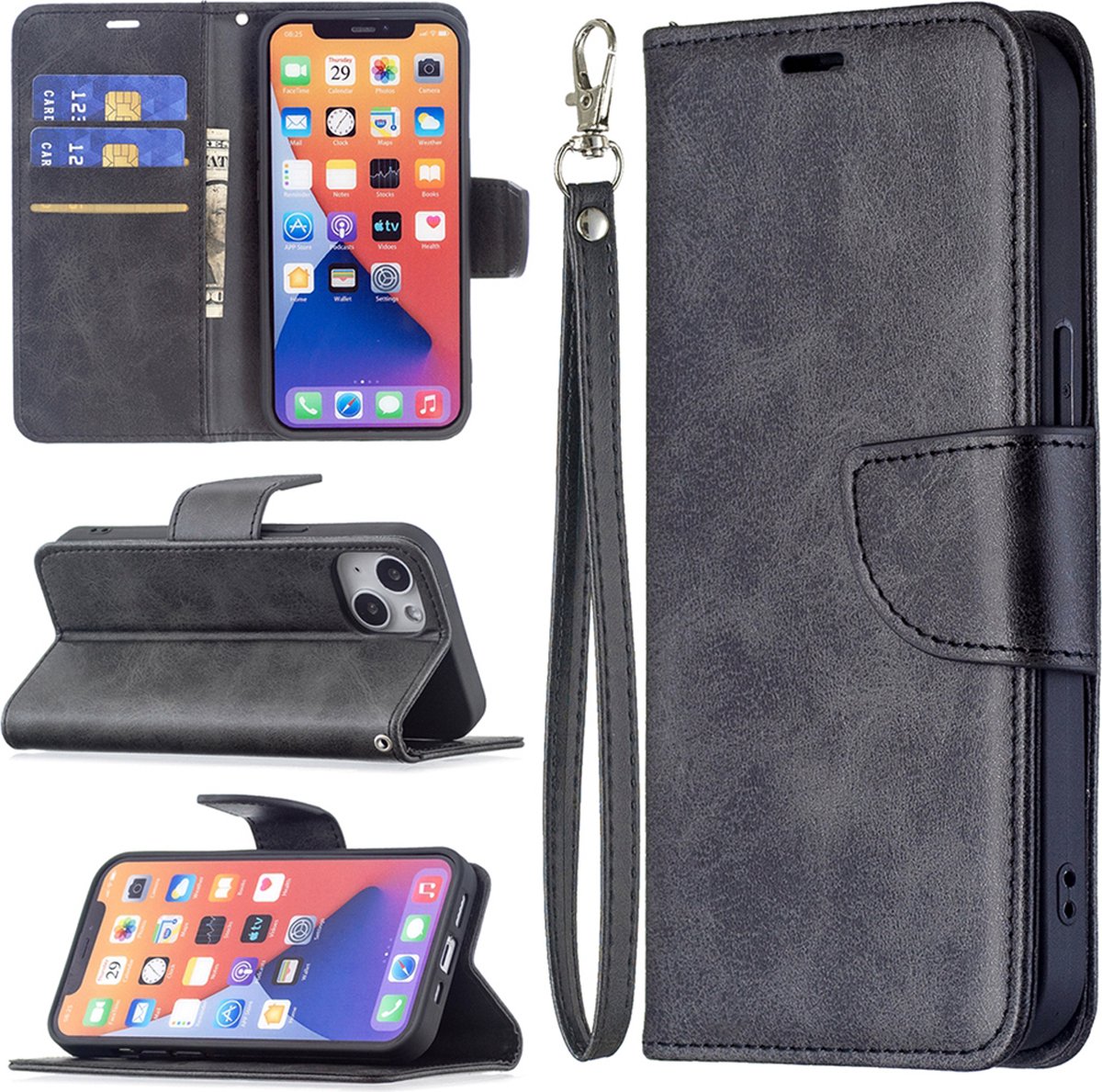 MobyDefend Hoesje - Geschikt voor iPhone 13 - Wallet Book Case Met Koord - Zwart