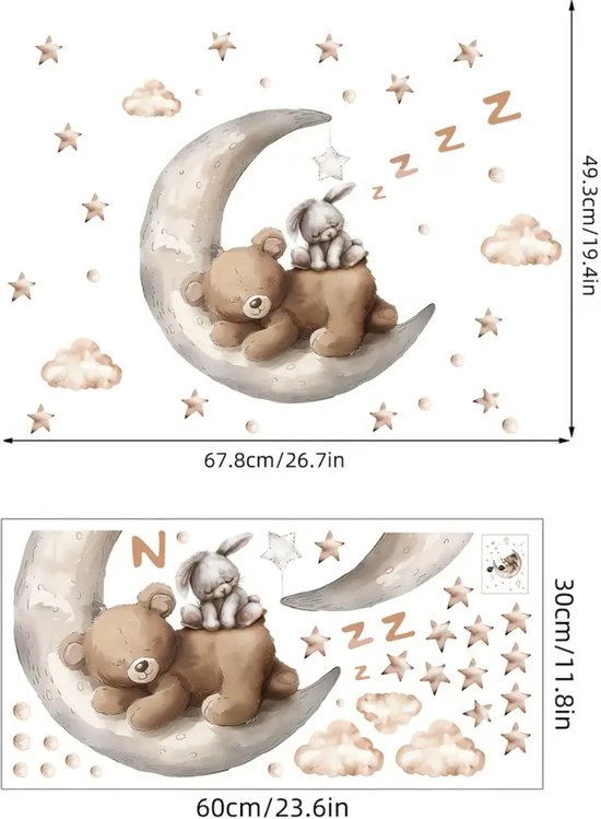 Muursticker Ours endormi et Lapin sur Lune - 68x50cm - Chambre de bébé - Chambre enfant - PVC autocollant - garçon - fille - aquarelle