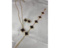 EHHbeauty -cadeau voor haar - Luxe armband - Halsketting zwart/wit 2 zijdig - Oorbellen - Zwarte klaver set - - Trendy - Luxe ketting