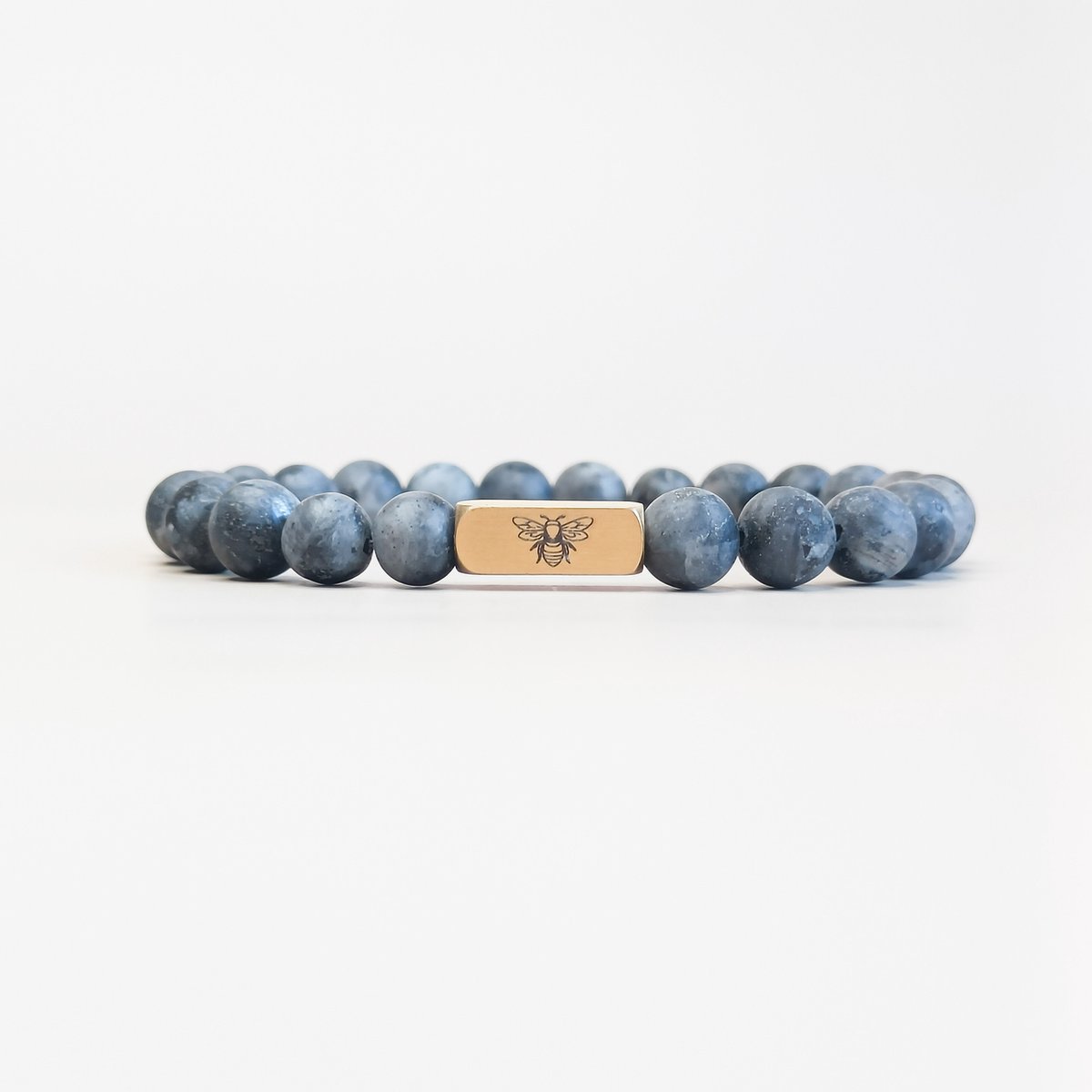 Ava&Imber Heren Armband Frosted Labradoriet Maat M 19 cm - Matte Grijze Edelsteen Armband voor Mannen met Stainless Steel RVS