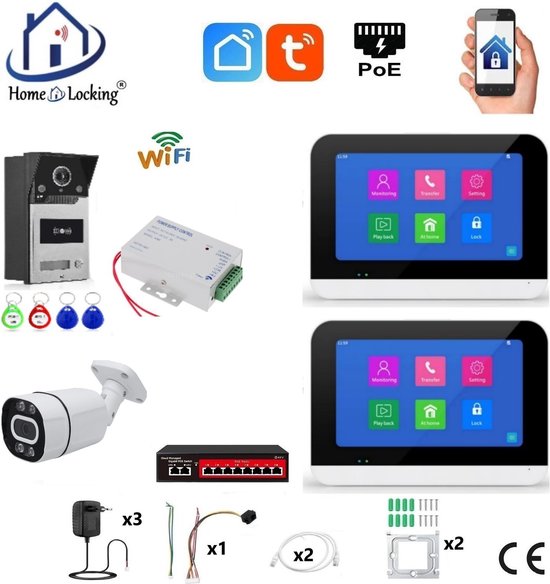 Smart WIFI deur intercom/videofoon touchscreen met bediening via Smart Life APP werkt met Alexa en Google spraaksturing. T-2302V-1-2+C