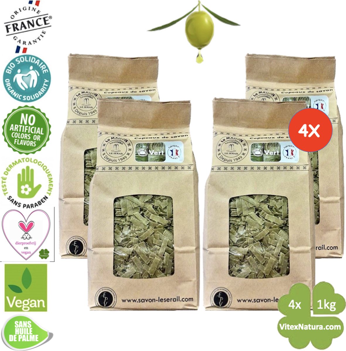 Goedkoopste Marseille zeepvlokken Olijf olie | 4x 1kg | Ecologisch en Milieuvriendelijk | Le Serail | Multifunctioneel | Puur natuur