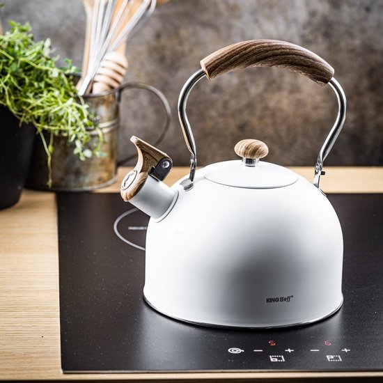 Kinghoff 1860 - Bouilloire sifflante avec flûte - 2,5 litres - Acier inoxydable - Wit avec manche en bois