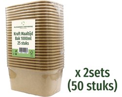 Kraft Maaltijdbak met Deksel - Karton - Magnetron Bak - 1000ml - 50 stuks - Vierkante Salade / Lunch Bak