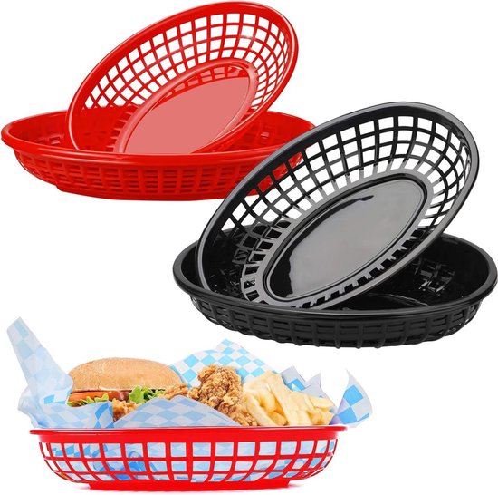 Voedselmanden, Herbruikbare Plastic Ovale Fruitmand, Frietmanden Voor Hotdogs Hamburgers Snoep Fruitfeest Picknickbarbecue 2 Kleuren 6 Stuks