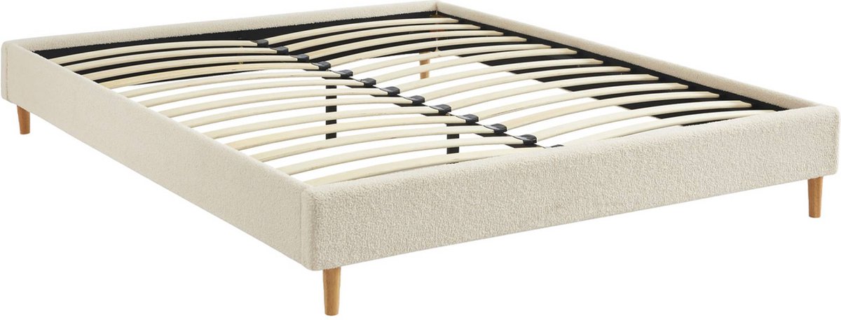 sweeek - Bed met lattenbodem, bouclé afwerking, wit