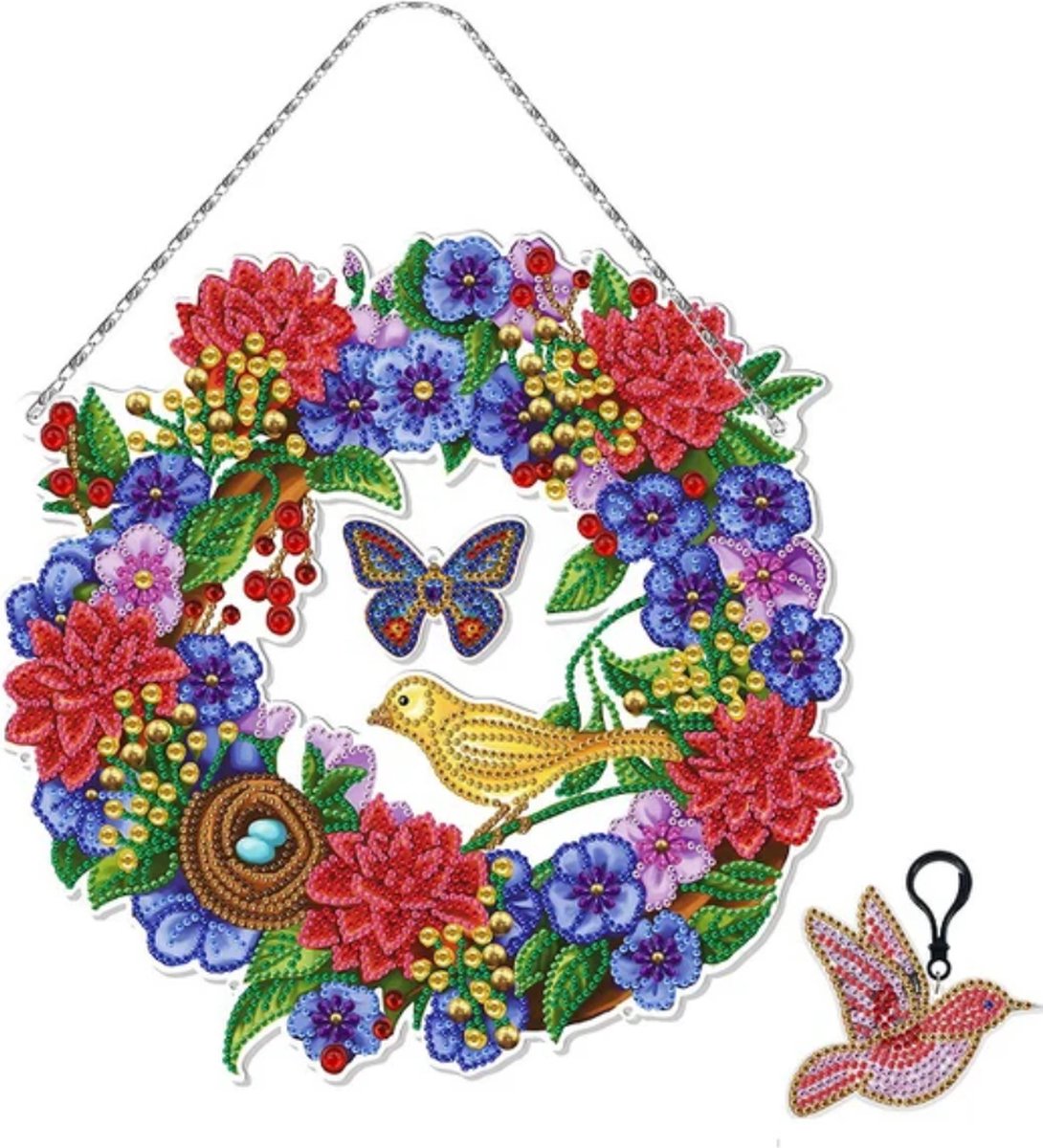 Raamhanger - 07 - Bloemen en vlinder - Diamond painting - compleet pakket - Diamond painting by Wietske