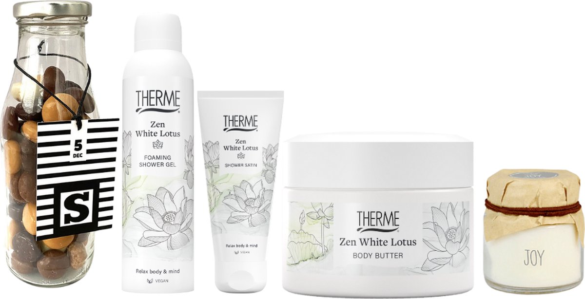 Goedkoopste Therme Cadeauset Sinterklaas Zen White Lotus - Therme Bodybutter Zen White Lotus - Therme Shower Foaming Zen White - Liv 'n Taste Chocolade Kruidnoten Sint Fles