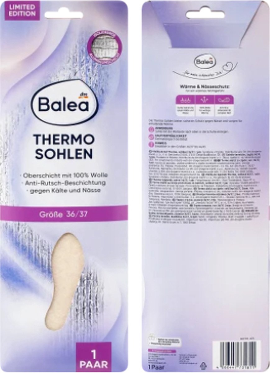 Balea Thermozolen - Maat 36/37 - 1 paar thermo-inlegzooltjes | 100% Wol - Anti-Sliplaag - Beschermt tegen kou en nattigheid