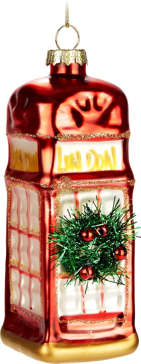 Brubaker Telefooncel UK - handbeschilderde glazen kerstbal - 13 cm boombal - Engeland kerstdecoratie - mondgeblazen kerstboomversiering - figuur grappige decoratieve hanger Rood