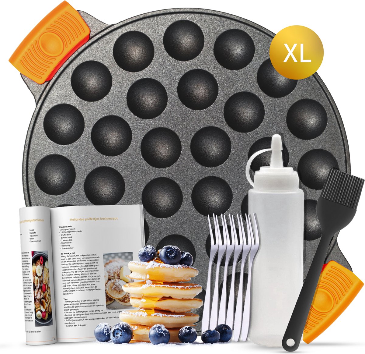 Bol.com Ocina Poffertjespan Set XL 30 Poffertjes - Poffertjesmaker Inductie - Poffertjesplaat - Incl. Doseerfles - 6 Vorkjes en ... aanbieding