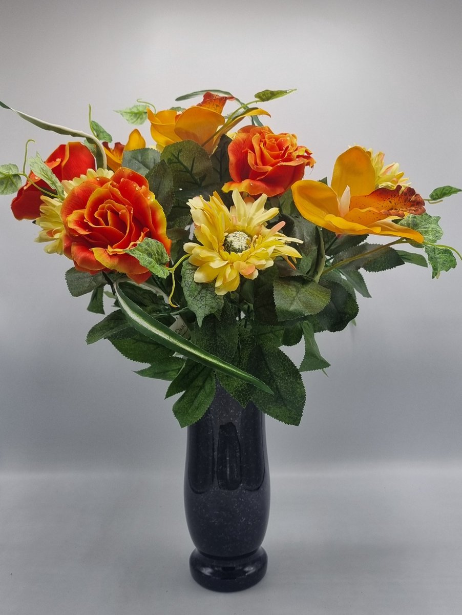 Boeket - U514-m1/1 - Roos - Gerbera - Orchidee - 45cm - Geel/Oranje - 11 bloemen - Grafdecoratie - Zijdenbloemen - Kunstbloemen