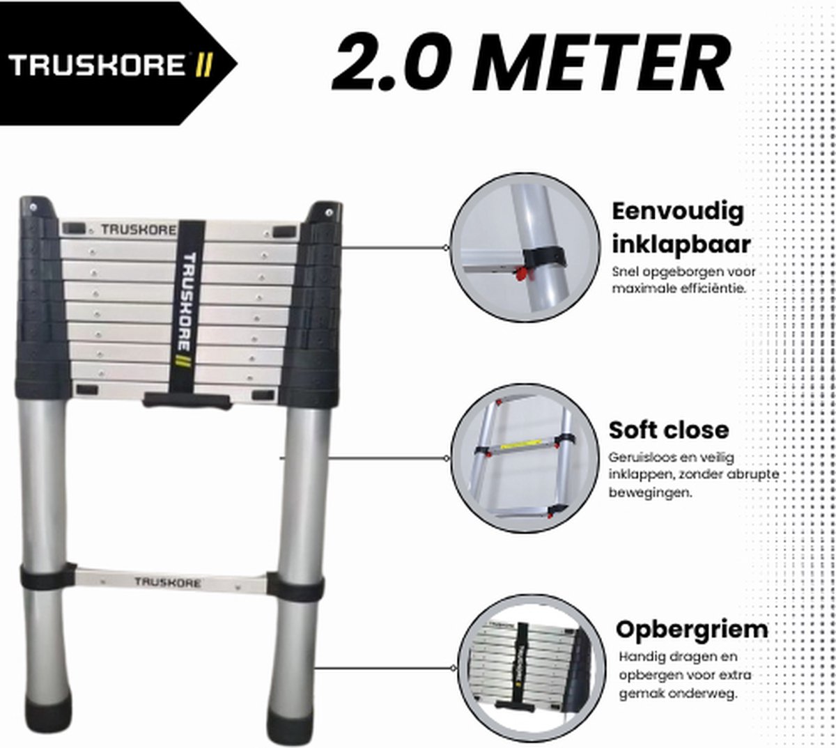 Truskore® Telescopische ladder 2.0 meter - Aluminium - Professionele Vouwladder - Telescoop ladder - Stevig & Vertrouwd - Soft Close - Volgens EU en NL veiligheidsnormen – foto 5