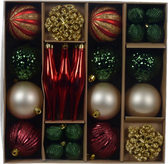 Decoris Ensemble de Boules de Noël - 46 pièces - rouge/vert/champagne - plastique - Noël