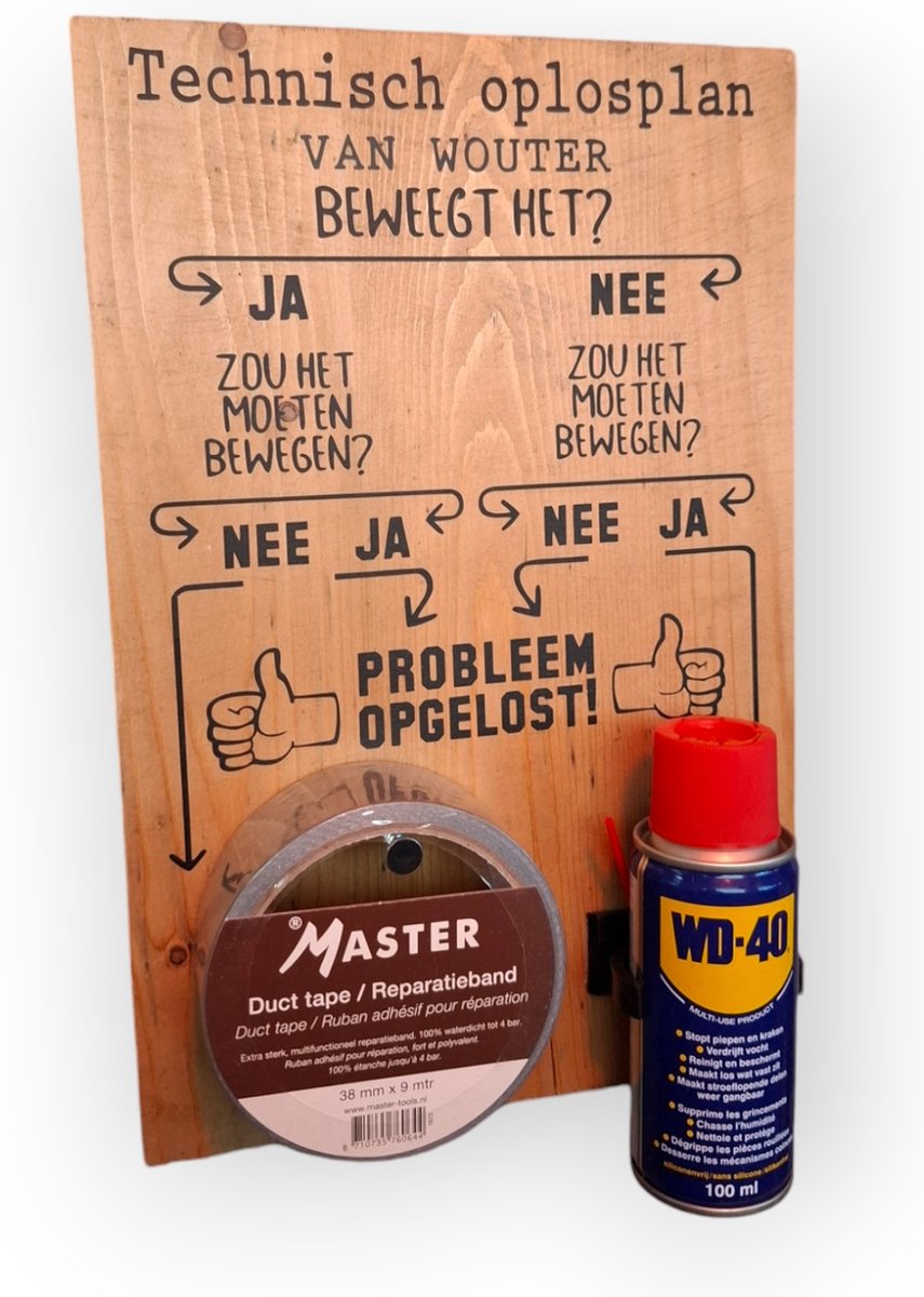 Persoonlijk technisch oplosplan WD-40 Ducttape tape vaderdag mannen cadeau tekstbord garage werkplaats cadeau NL heren mannen mancave houten tekstbord wandbord stoer grappig