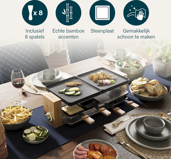 Princess gourmetstel 162955 Raclette en Steengrill Pure 8 Bamboe - Regelbare thermostaat - 1300W - 2 grillplaten en extra Steengrill - 8 pannetjes - 2 meter snoer - Parking deck voor ongebruikte pannetjes — afbeelding 2