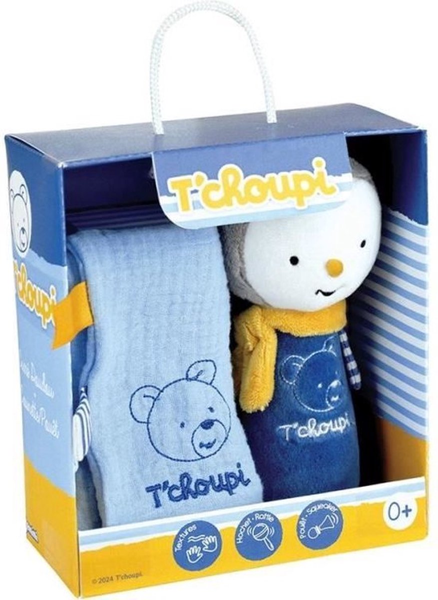 Goedkoopste T'choupi Baby Geboortedoos met Trooster en Pluche Rammelaar /- 25 cm - JEMINI - Ideaal als geboortecadeau.