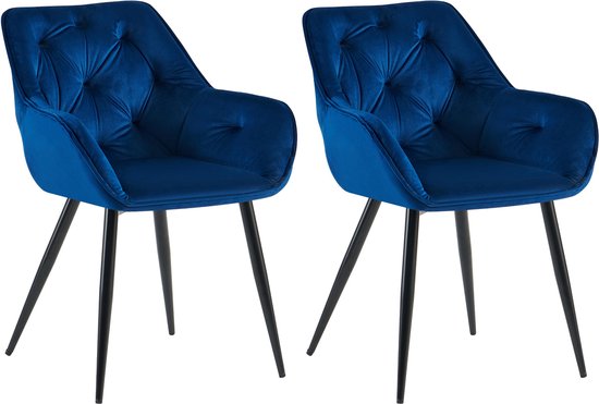 CLP Cassis Set van 2 Eetkamerstoelen - Met armleuning - Velvet - Fluweel - blauw Fluweel
