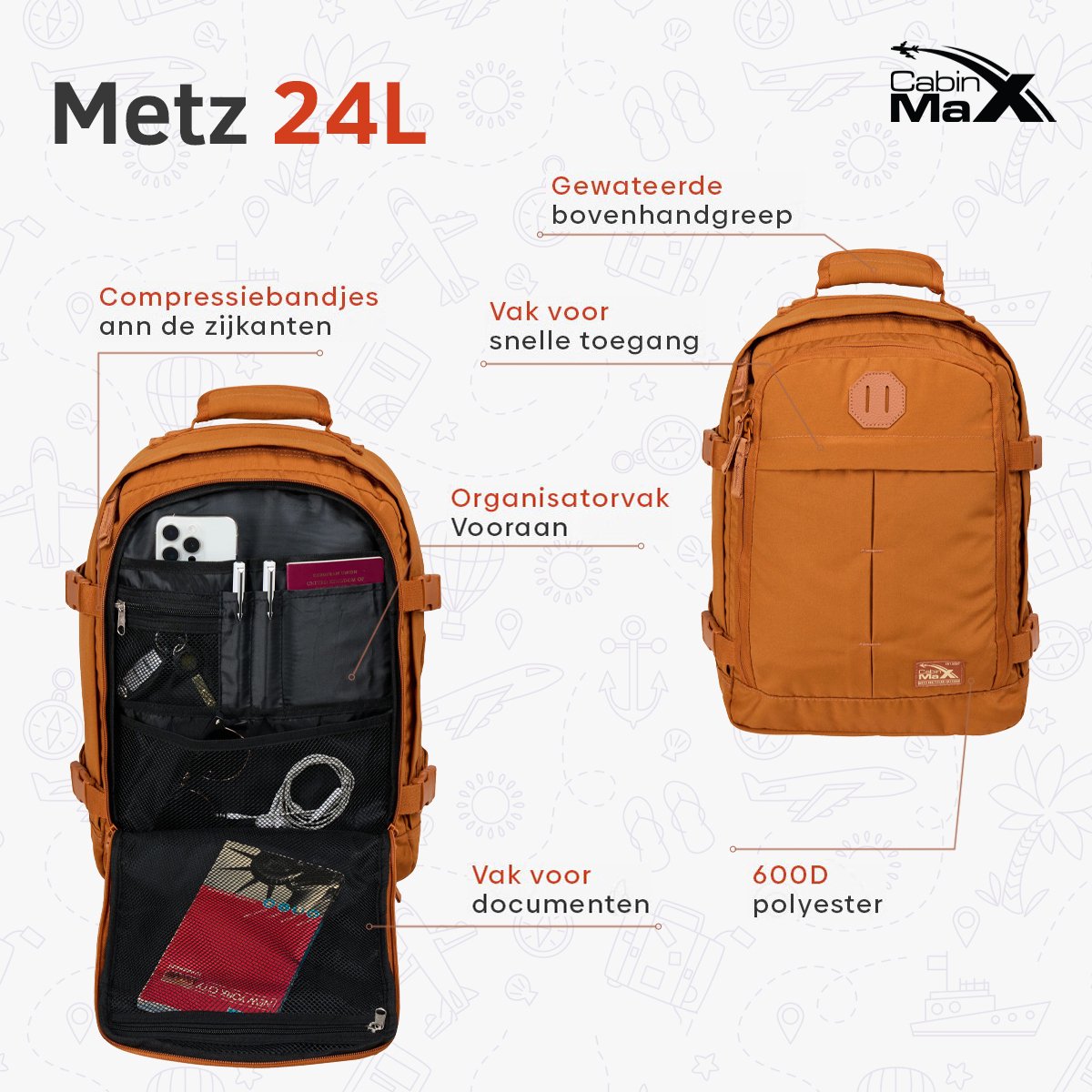 CabinMax Metz Reistas – Handbagage 24L Ryanair - Wizz Air – Rugzak Transavia – Schooltas - 40x30x20 cm – Compact Backpack – Lichtgewicht – Terracota – foto 4