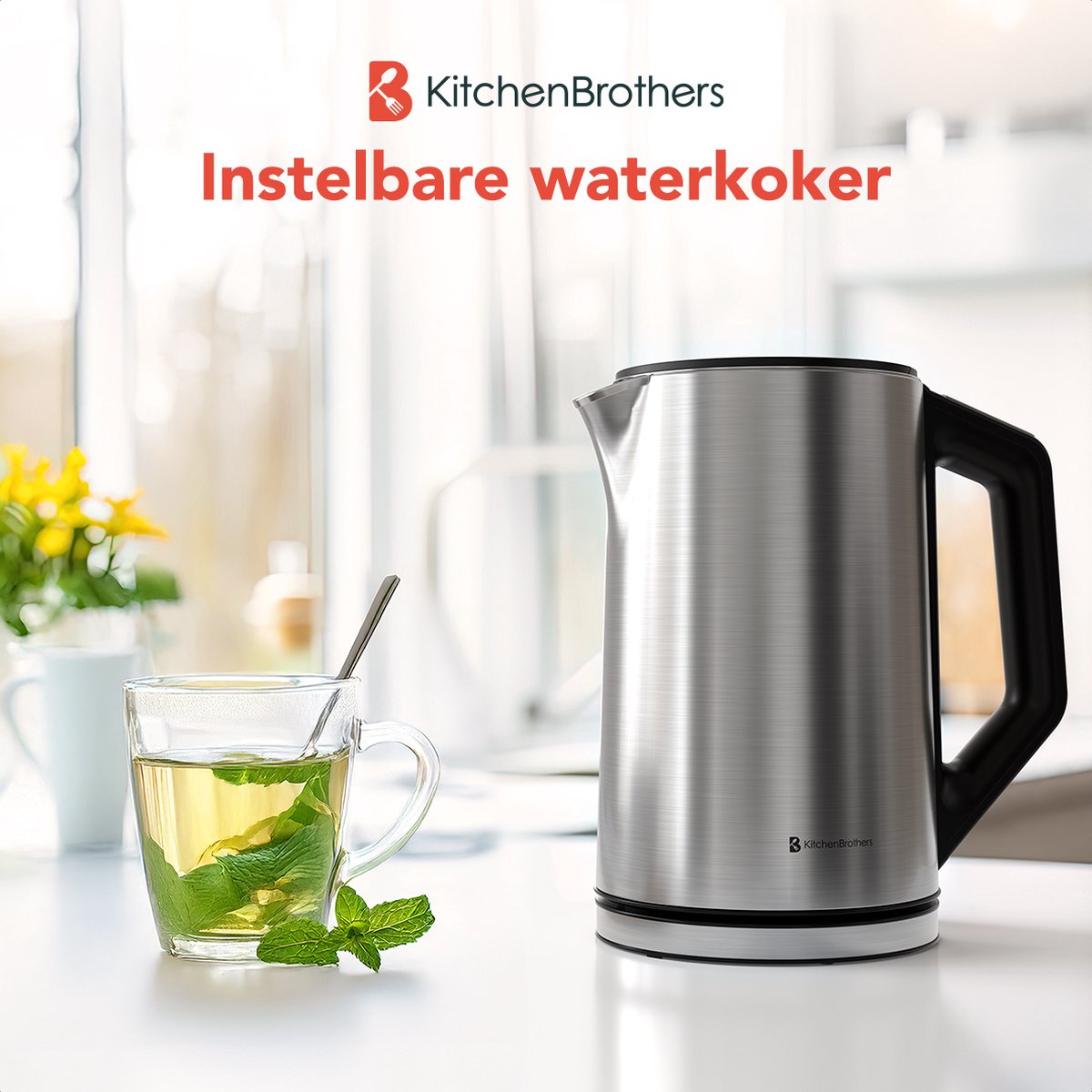 KitchenBrothers Waterkoker - Elektrisch - 1,5L - PFAS- & BPA-vrij - 2200W - Instelbare Temperatuurregeling - Dubbelwandig - Waterkoker RVS - Zilver – foto 2