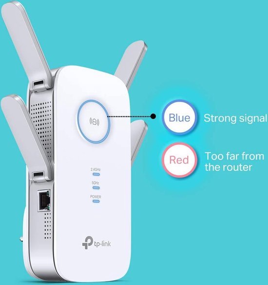 TP-Link RE650 WiFi Range Extender met blauwe indicator voor sterk signaal en rode indicator voor zwak signaal.