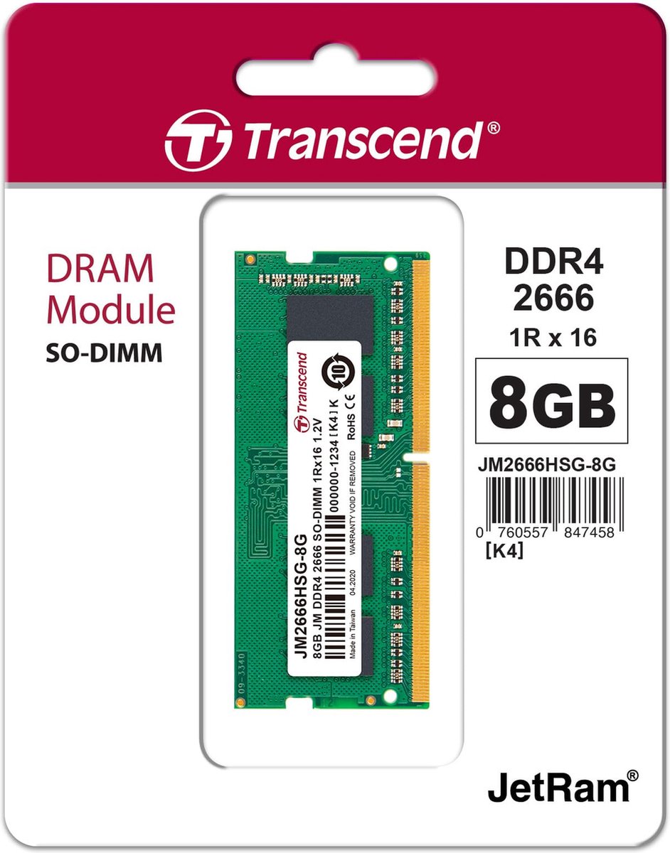 Transcend Jetram Werkgeheugenmodule – Ddr4 – 8 Gb – 2666 Mhz – – Jm2666Hsg-8G - afbeelding 3
