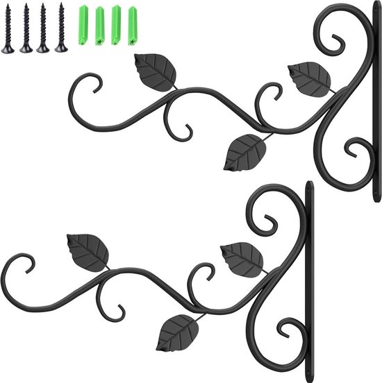 Plantenhangers Buiten Binnen Decoratie, Muurhaken voor het Ophangen van Plantenbeugel, Plantenhaken voor Vogelvoederbak, Windgong, Verlichting, Lantaarns (Zwart-2PCS)