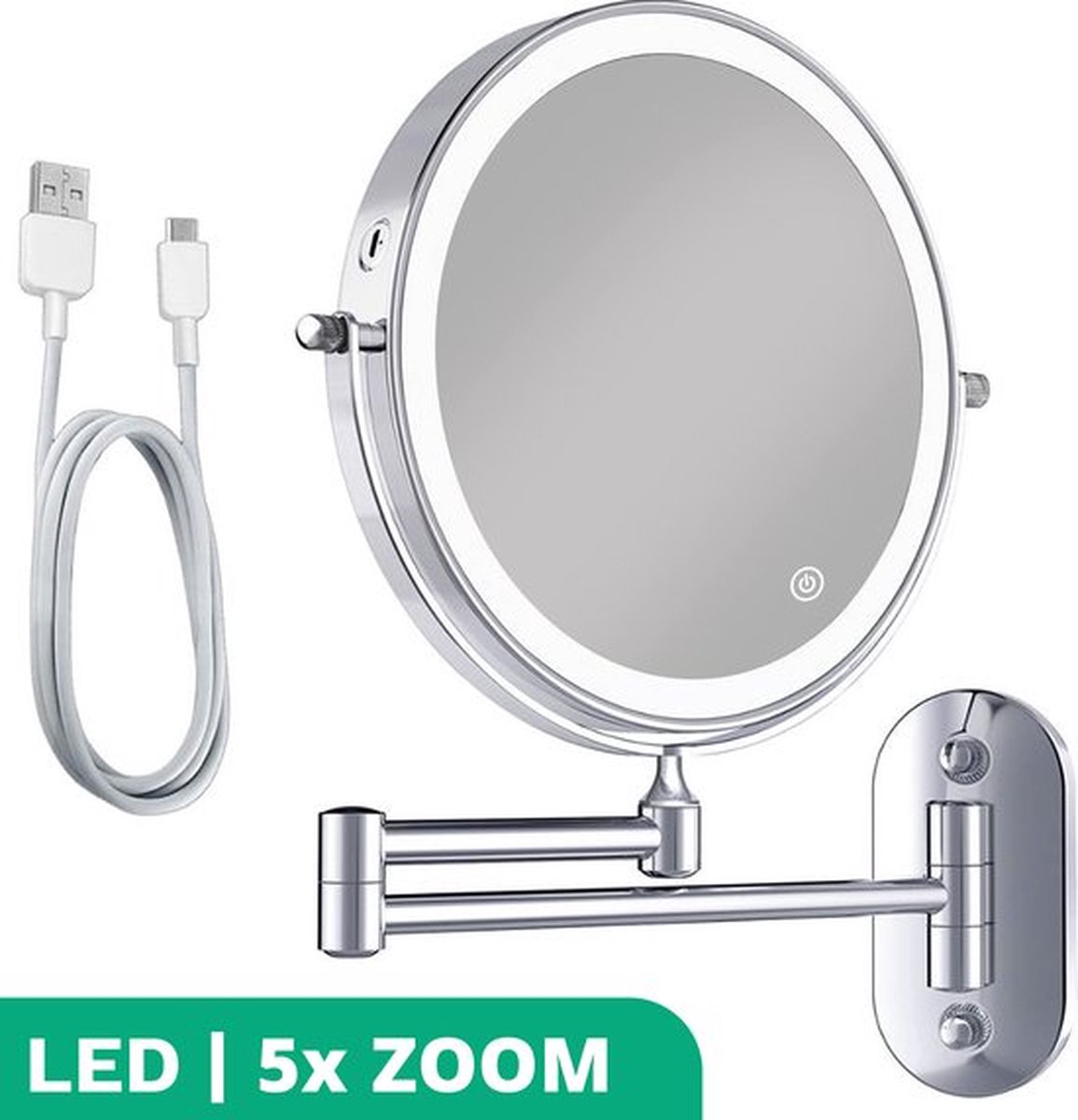 Mirlux Make Up Spiegel met Led Verlichting - Oplaadbaar - 5X Vergroting - Vergrootspiegel met Licht - Scheerspiegel - Badkamerspiegel - Chroom