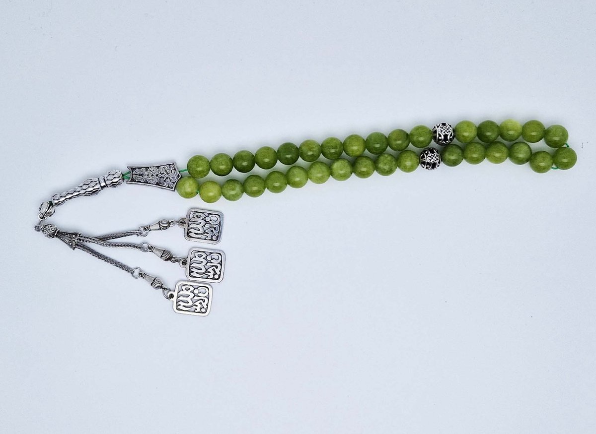 Handgemaakte tesbih "tasbih" natuursteen " Kraal Koreaanse jade" - Aantal kralen 33 - Diameter kralen 10 MM - met metaal tassel "model 3" - Een mooi cadeau-idee