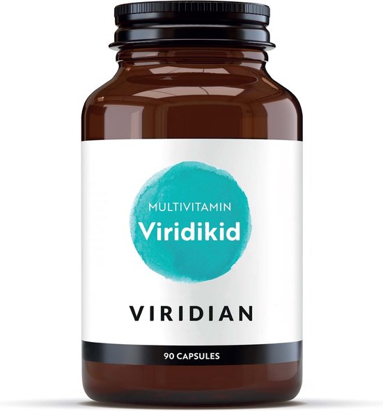 Bruine fles met een etiket waarop staat "MULTIVITAMIN Viridikid VIRIDIAN 90 CAPSULES" in zwarte en witte letters, met een aquablauwe cirkel.