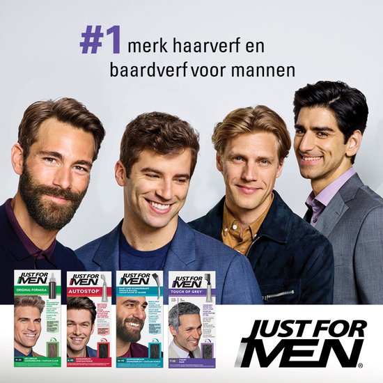 Vier mannen die Just For Men producten laten zien, inclusief Touch of Grey T-55.