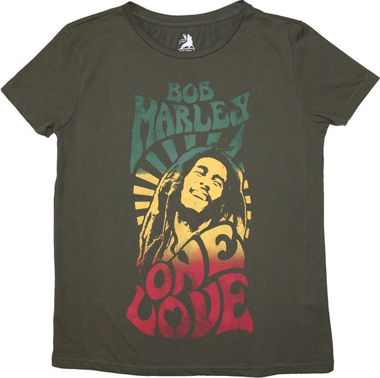 Groen t-shirt met opdruk van Bob Marley in warme kleuren en de tekst 'ONE LOVE'.