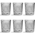 Set van zes transparante glazen met geometrisch patroon.