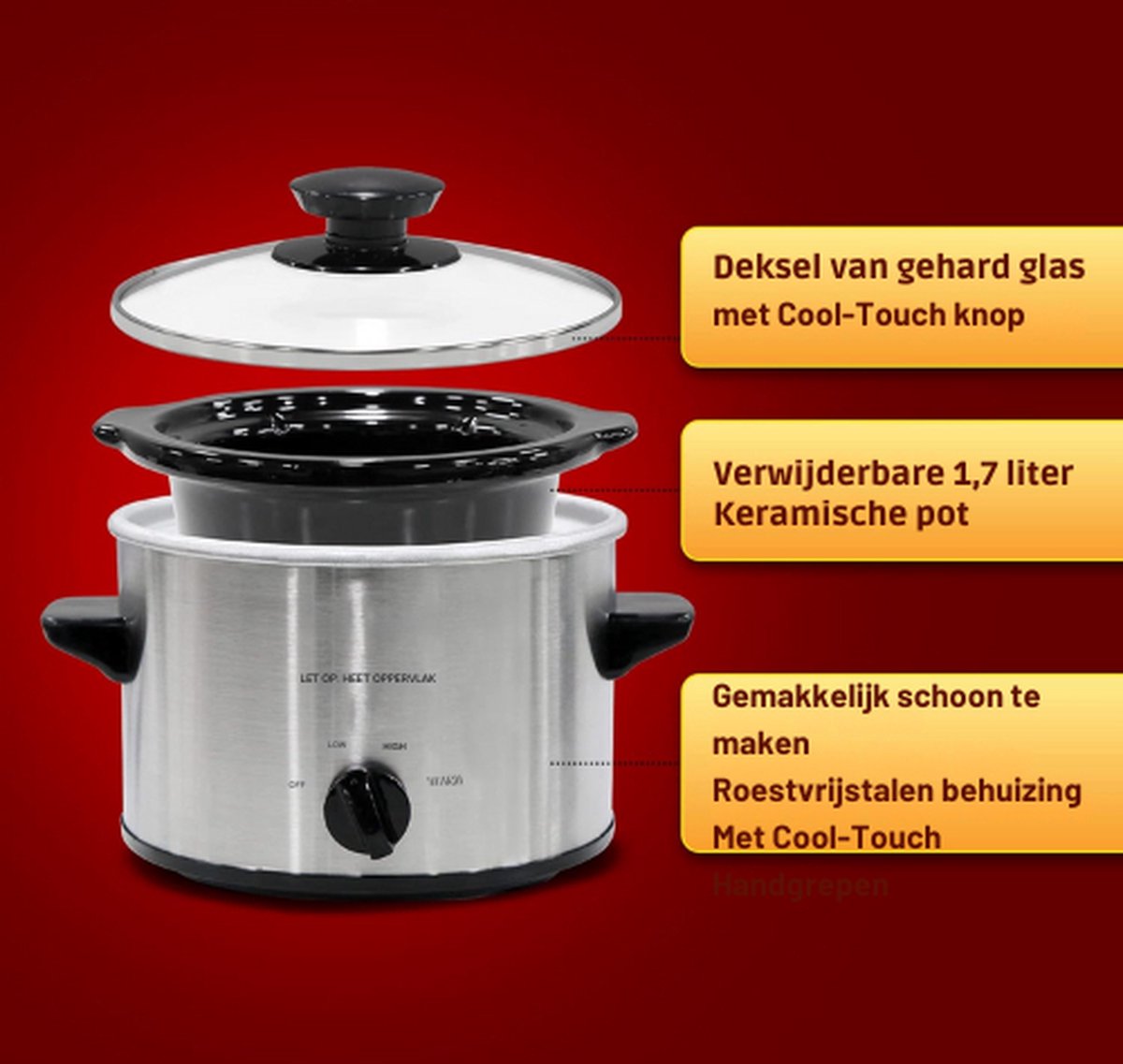 Afbeelding 3 van Slowcooker - Slowcookers - Kooktoestel - Vaatwasmachinebestendig - 220V - Instelbare Temperatuurfunctie - Transparante Deksel - Schoonmaakfunctie - Energiebesparende Functie - Met Warmhoudfunctie - Cool Touch Handgrepen - Afneembare Stenen Pot