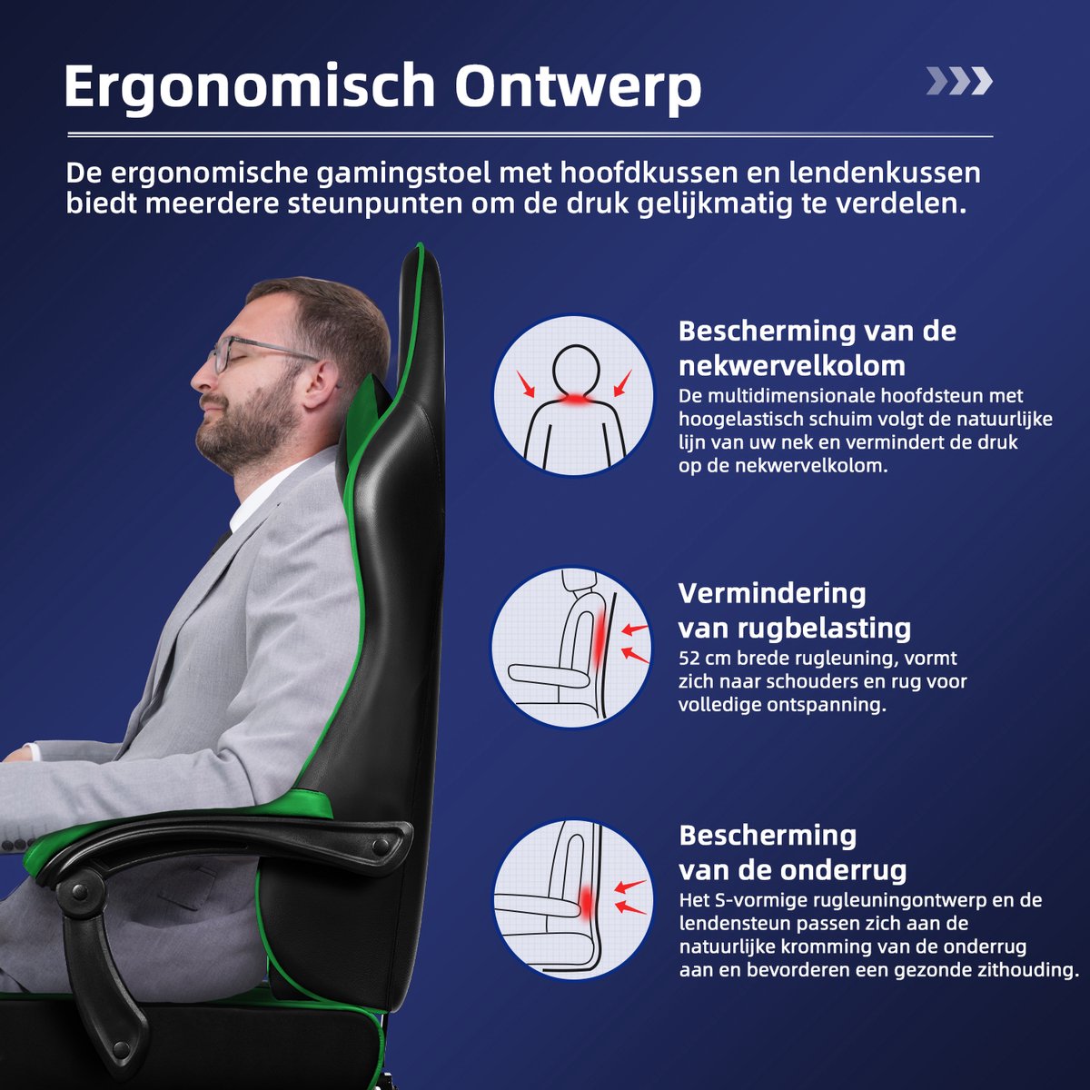 Afbeelding 3 van Hiaonyx Gaming Stoel - 170° Verstelbare Rugleuning - Gamestoel met inklapbare Voetsteun - racerstijl - Geïntegreerde Armleuningen Game Stoel - Maximale Belastbaarheid 150kg - Zwart Groen