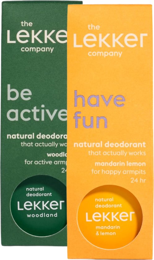 Groene en gele dozen met Lekker deodorant. Groene: 'be active'. Gele: 'have fun'.