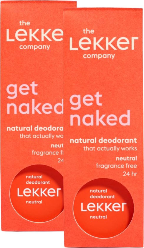 Twee oranje verpakkingen van Lekker Natural Deodorant Neutral.