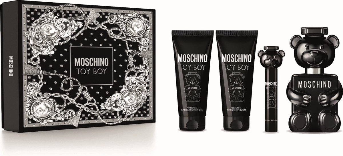 Goedkoopste Moschino Toy Boy Giftset - 100 ml eau de parfum spray 10 ml eau de parfum spray 100 ml showergel 100 ml aftershave balm - cadeauset voor heren