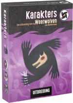 Doos van 'Karakters', een uitbreiding voor 'De Weerwolven van Wakkerdam'. Een zwarte weerwolf grijpt een klein figuurtje, omringd door paarse golven en schimmige mensfiguren.