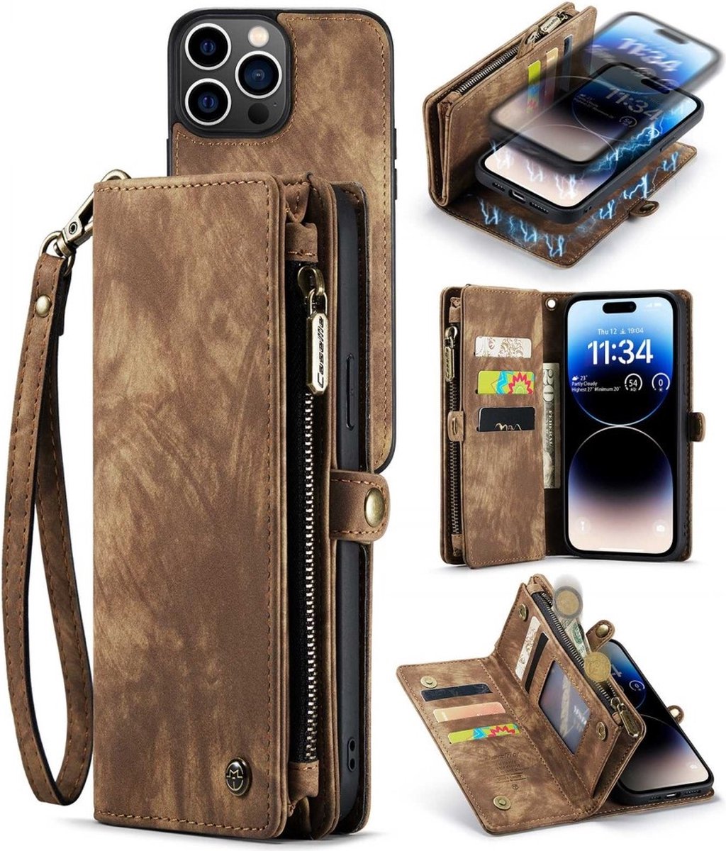 Caseme - Geschikt voor iPhone 14 Pro Max - Vintage 2 in 1 portemonnee hoes - Bruin