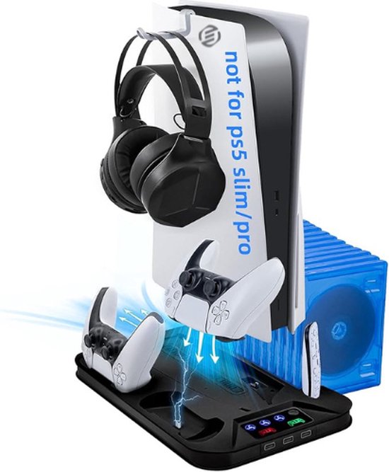 PS5 Slim Konsole Kühlstation, PS5 Slim (Disc & Digital Editions) Ständer Zubehör mit 2 Kühlventilatoren und 2 Controller-Ladestation, PlayStation 5 Kühlständer mit RGB-Licht, Headset-Halterung, 3 USB