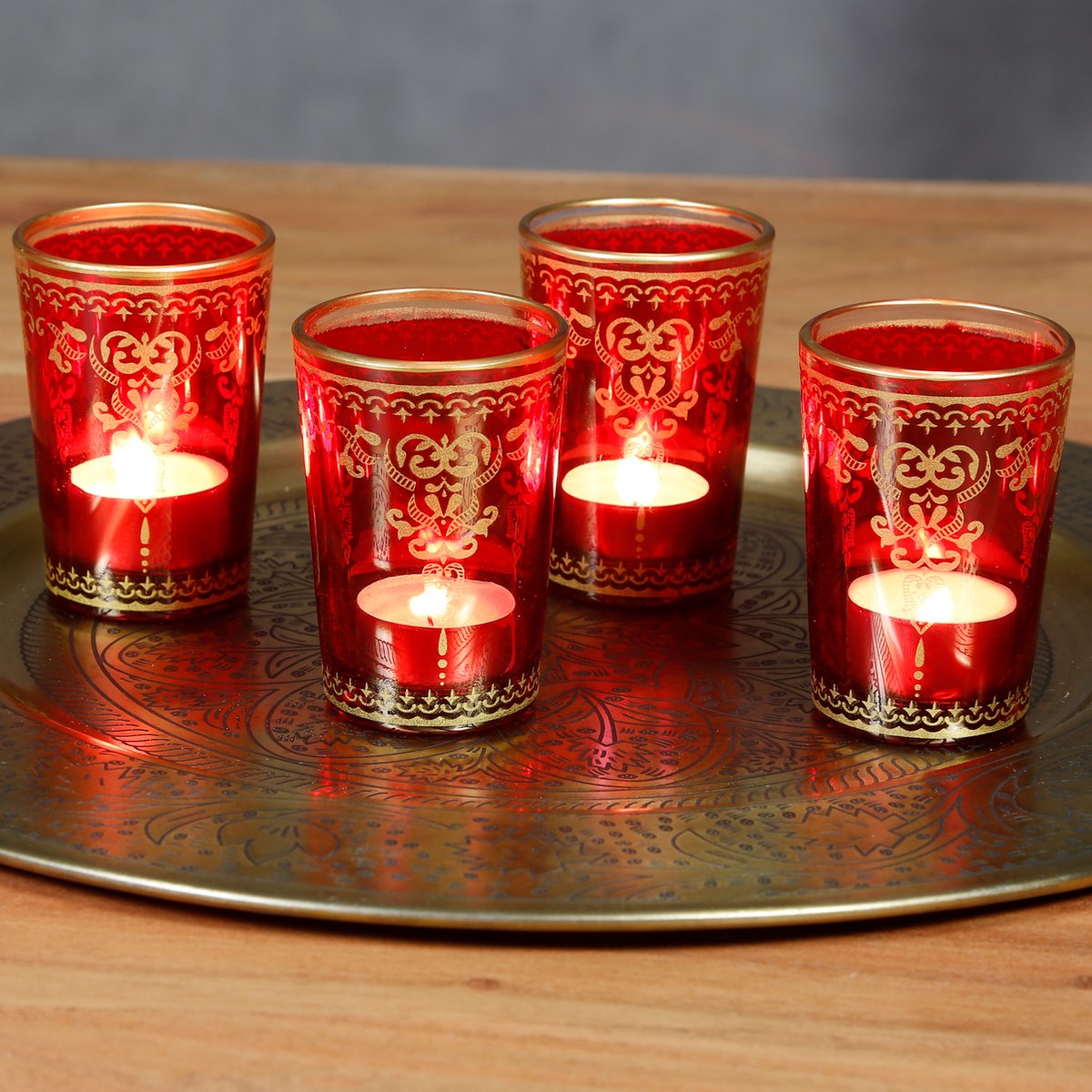 Casa Moro waxinelichthouders - kaarsenhouders - theeglazen rood goud - Set van 6 glazen Zie afbeeldingen en beschrijving.“