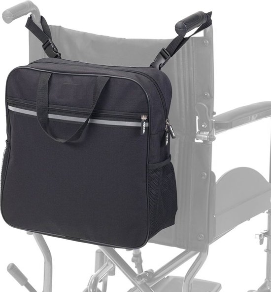 Foto: Alyze rolstoeltas met reflectiestreep waterdicht ggrote opbergtas geschikt voor rolstoel scootmobiel rollator zwart rrolstoelaccessoires