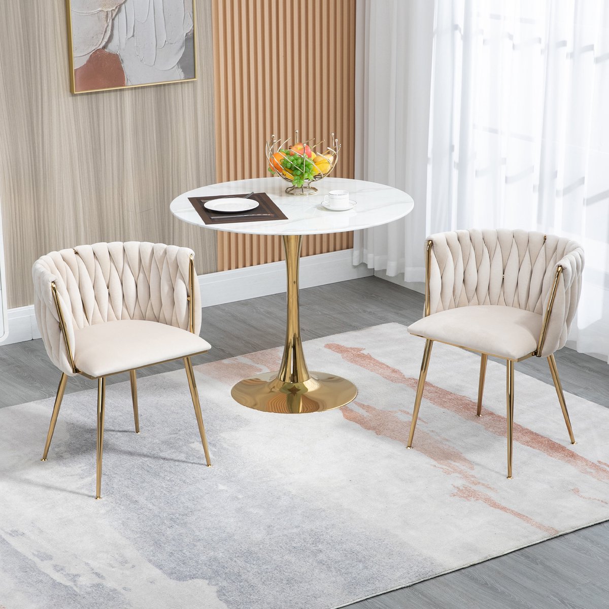 Sweiko Eetkamerstoel - Set van 2 - Fluwelen stof - Metalen poten - Beige