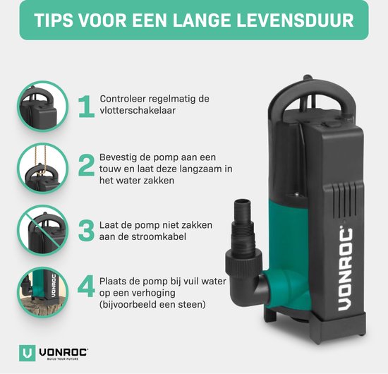 VONROC Pompe submersible – Pompe eau sale – Pompe à eau – 750 – 14000 l/h – Pour eau sale et propre – Avec flotteur intégré