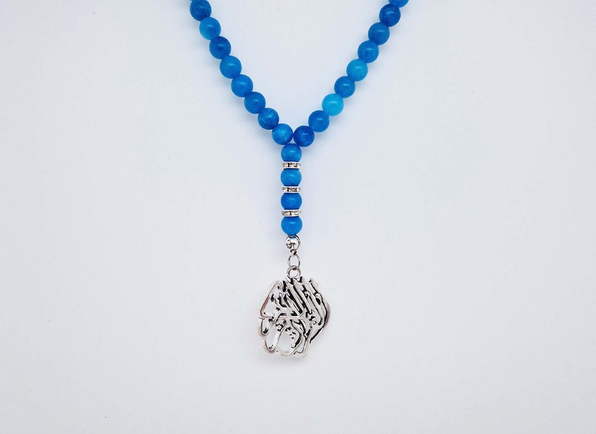 Handgemaakte Natuurstenen Autohanger " Blauwe Agaat"- Met metaal hanger - "Alquran Alkarim" - 8 mm diameter van de korrel- Mooie accessoire en decoratie voor de auto